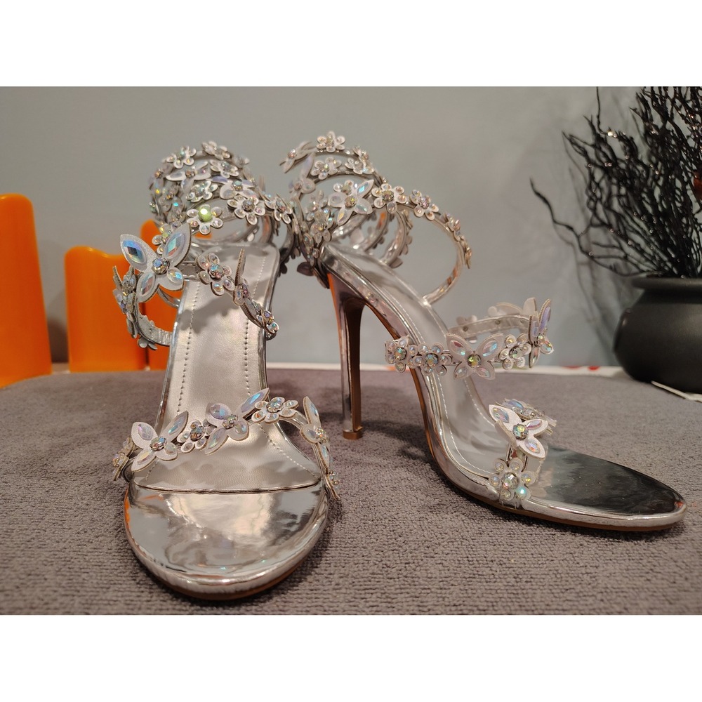 Silver Floral Butterfly Rhinestone Stiletto Sandals Ankle Wrap Formal Heels